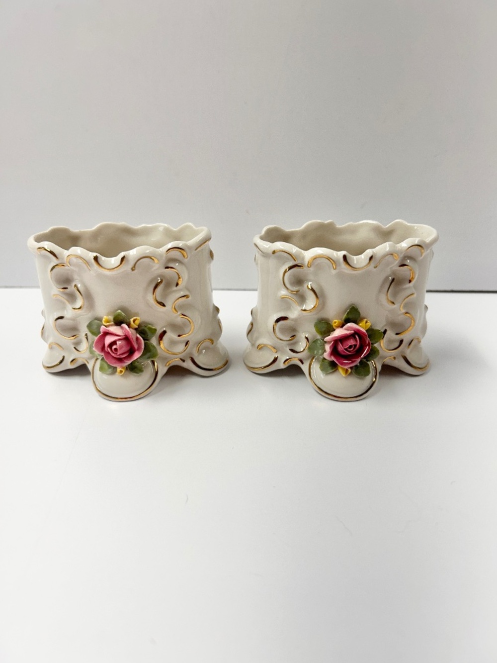 Dresden Porcelain Applied Rose Gold Gilt Open Salt Cellar Toothpick Holder